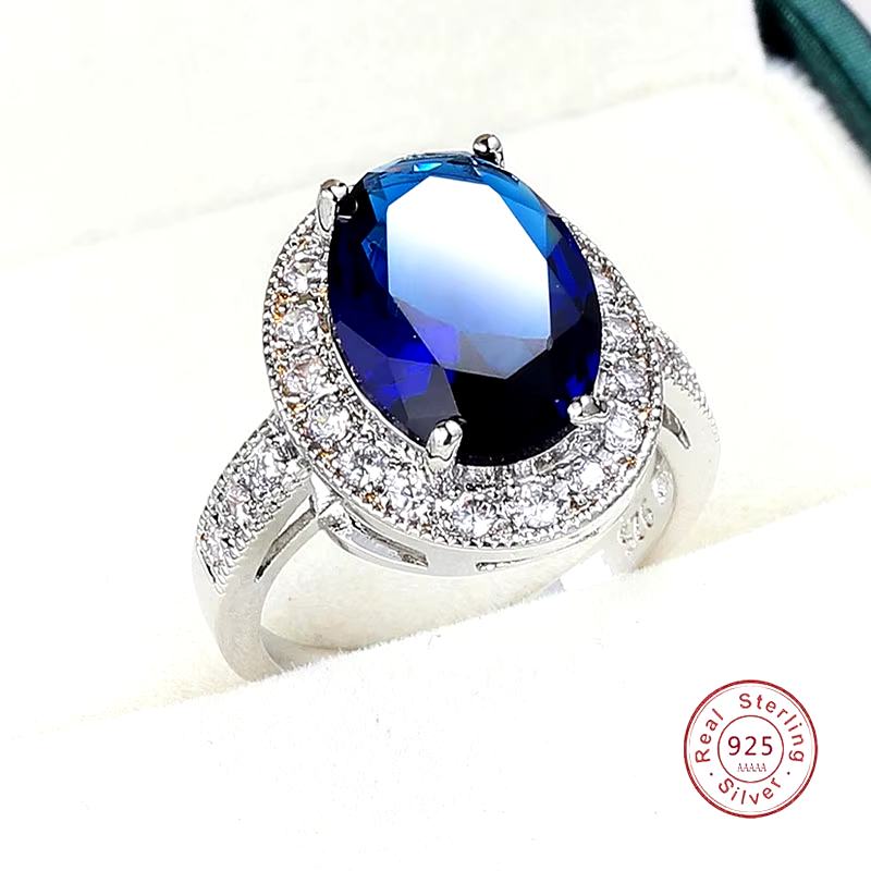 Romantic Female 1 Carat Zircon Stone Ring 925 Sterling Silver Blue AAA Mosaic Zircon Solitaire Promise Love Wedding Band Rings - Image 2